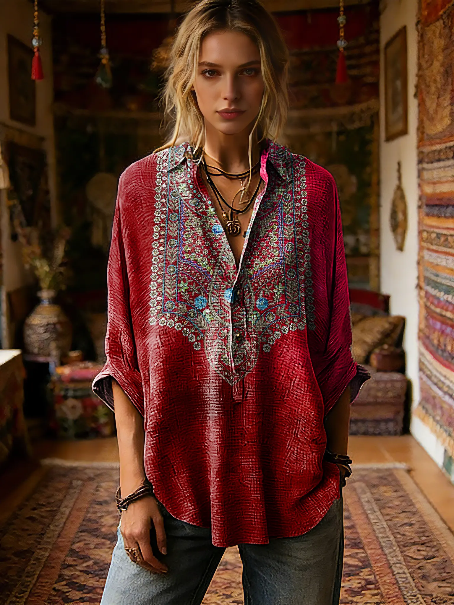 Women's Vintage Floral Art Print Casual Long-sleeve Shirt