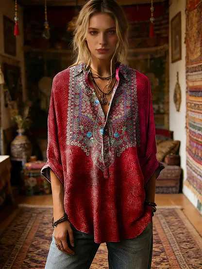 Women's Vintage Floral Art Print Casual Long-sleeve Shirt