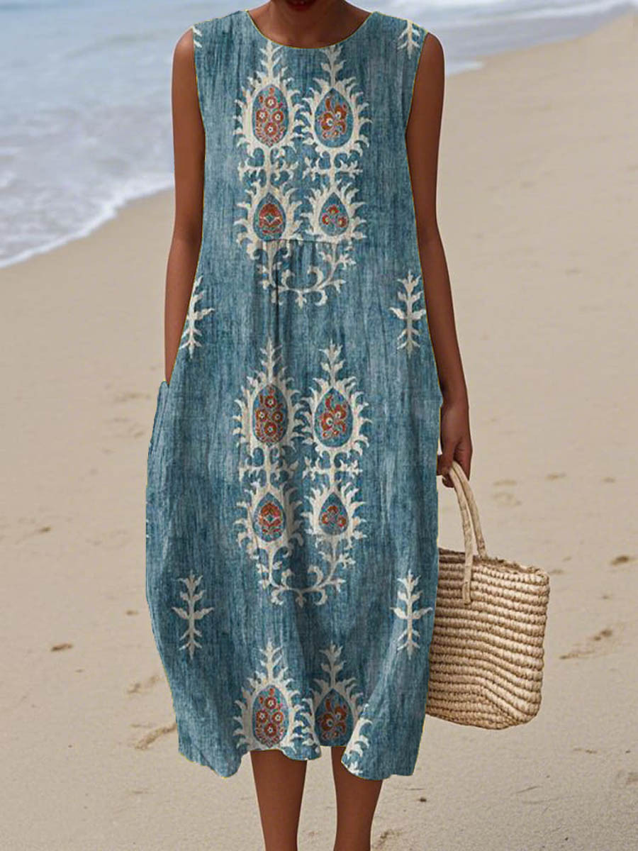 Women's Vintage Ethnic Pattern Art Print Sleeveless Cotton Pocket Wrap Dress