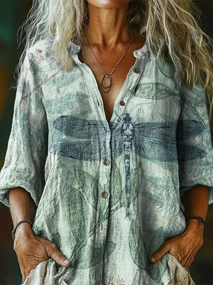 Women's Dragonfly Green Tie Dye Print Casual Cotton Linen Shirt