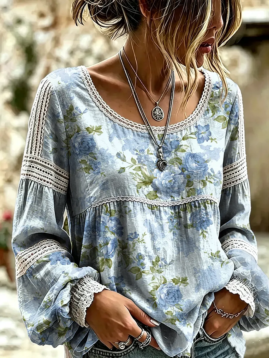 Women's Vintage Ethnic Floral Print Lace Blouse