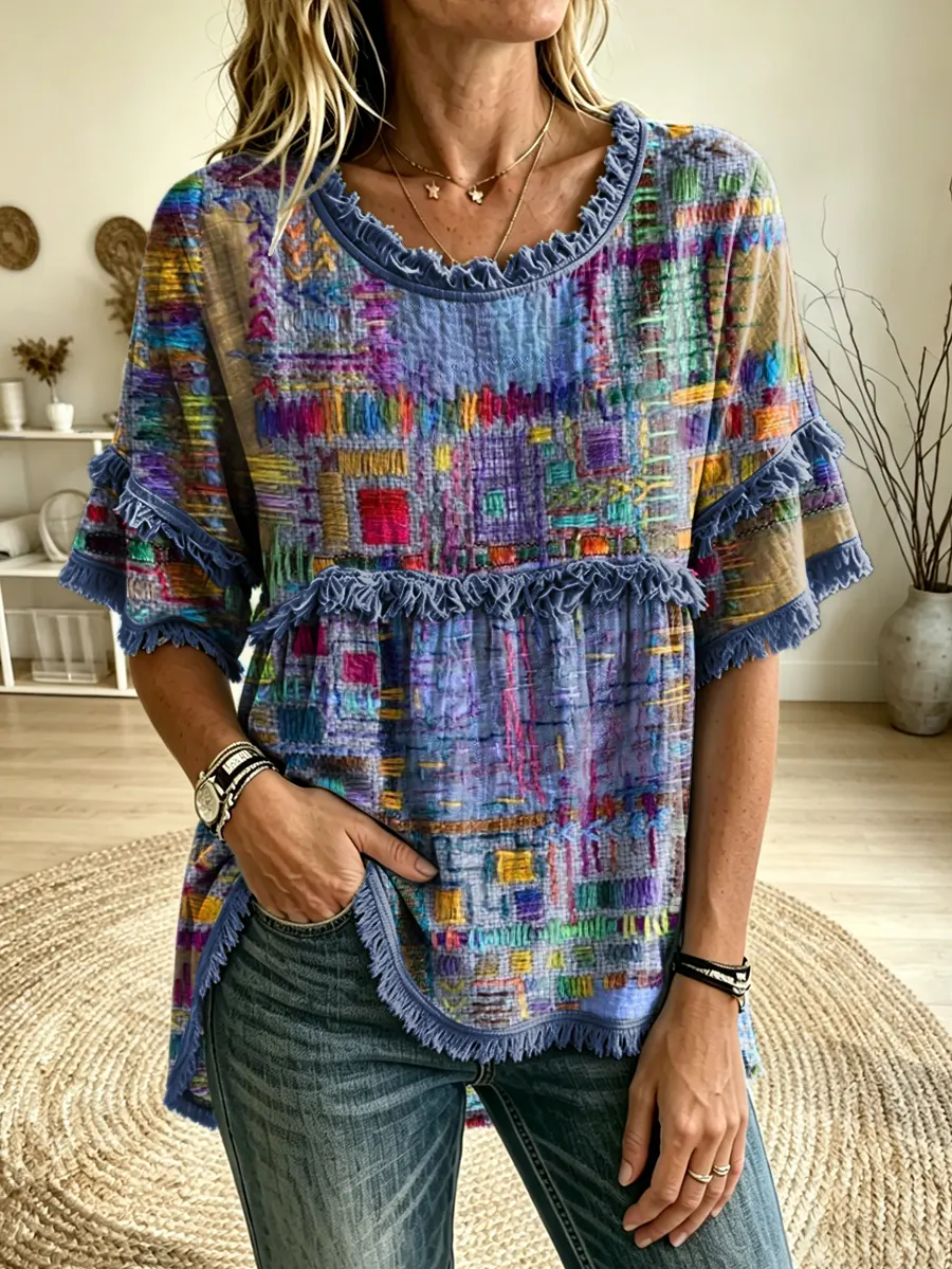 Women's Colorful Patchwork Print Fringe Trim Woven Blouse