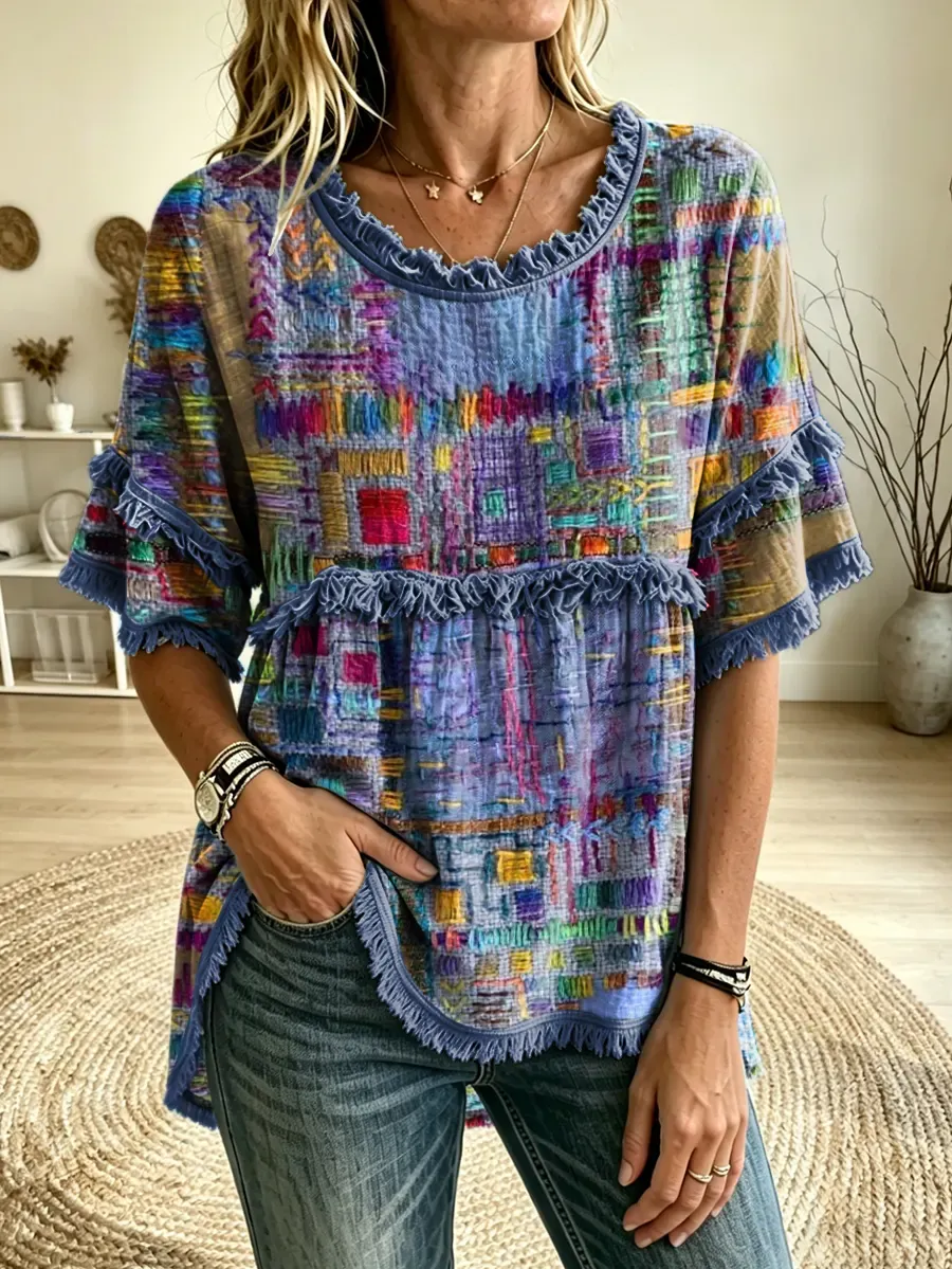 Women's Colorful Patchwork Print Fringe Trim Woven Blouse