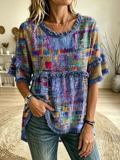 Women's Colorful Patchwork Print Fringe Trim Woven Blouse
