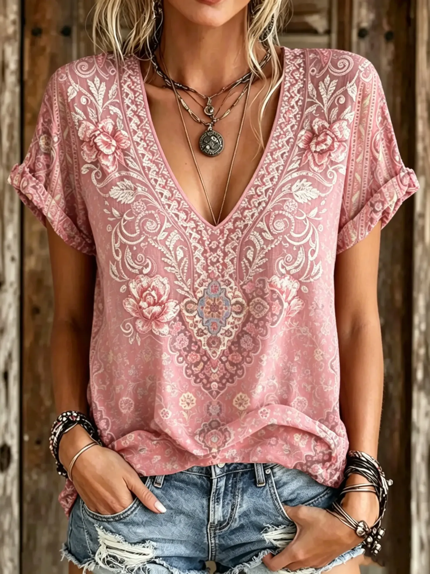 Women's Boho Paisley & Rose Print V-Neck Blouse