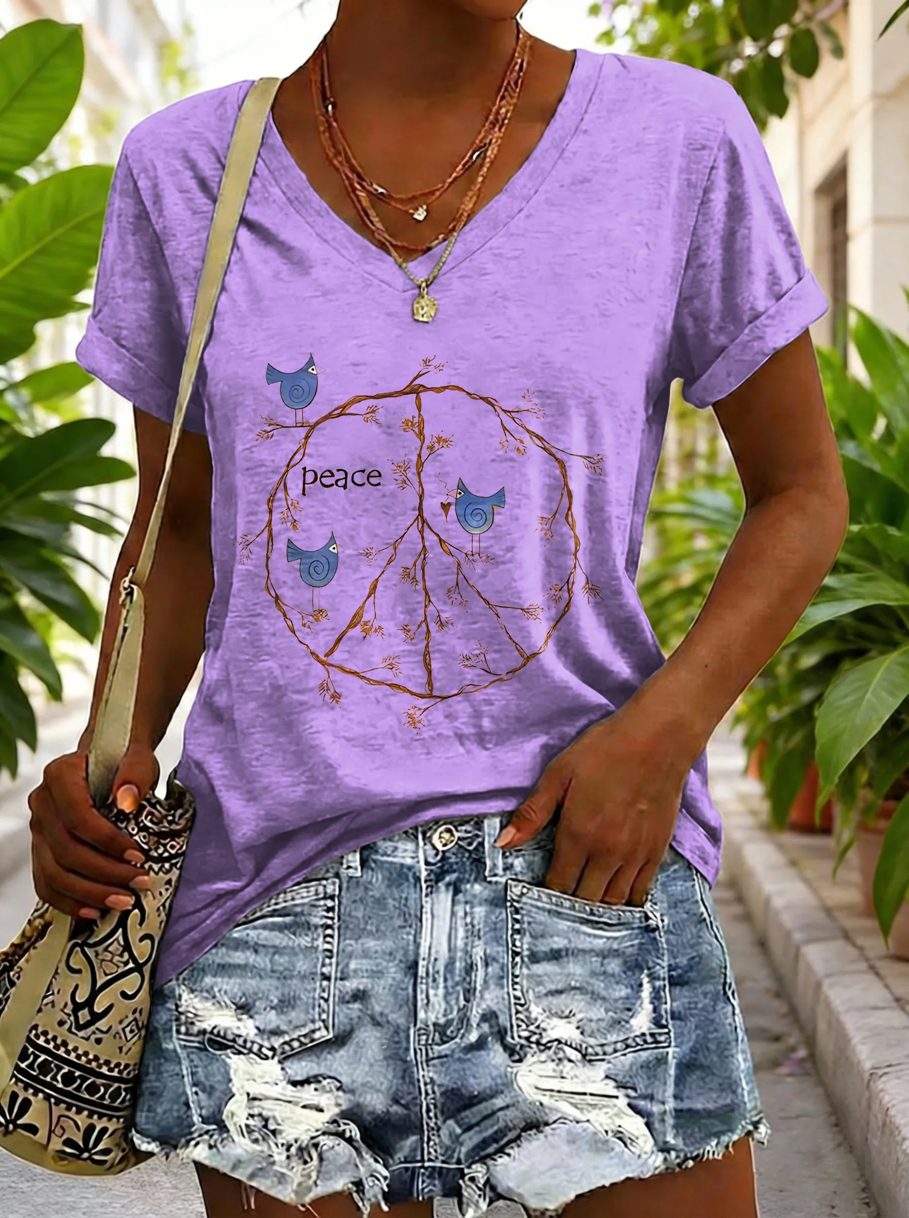 Women's Vintage Yellow Peace Sign Bird Hippie Art Print Casual V-neck Cotton T-shirt