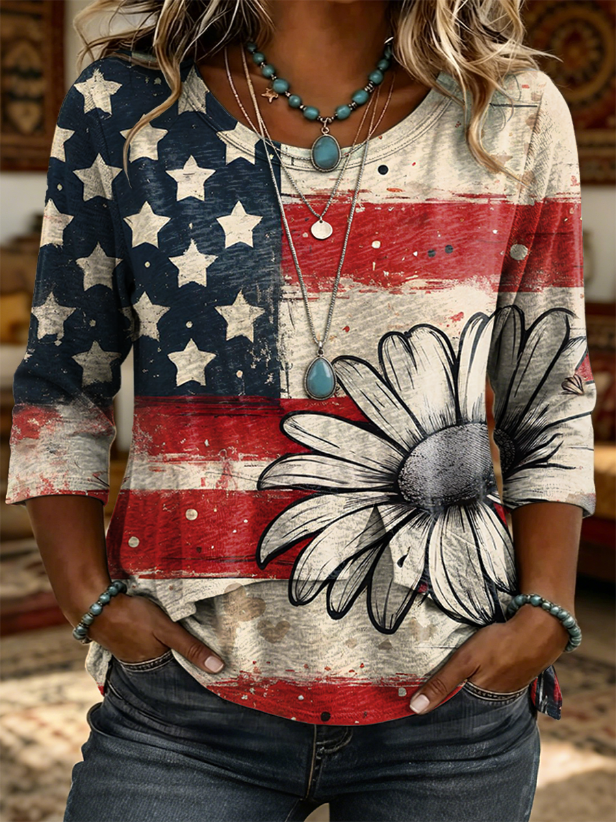 Women's Vintage Flag And Floral Art Print Casual Three-quarter Sleeve Round Neck Patchwork Shirt