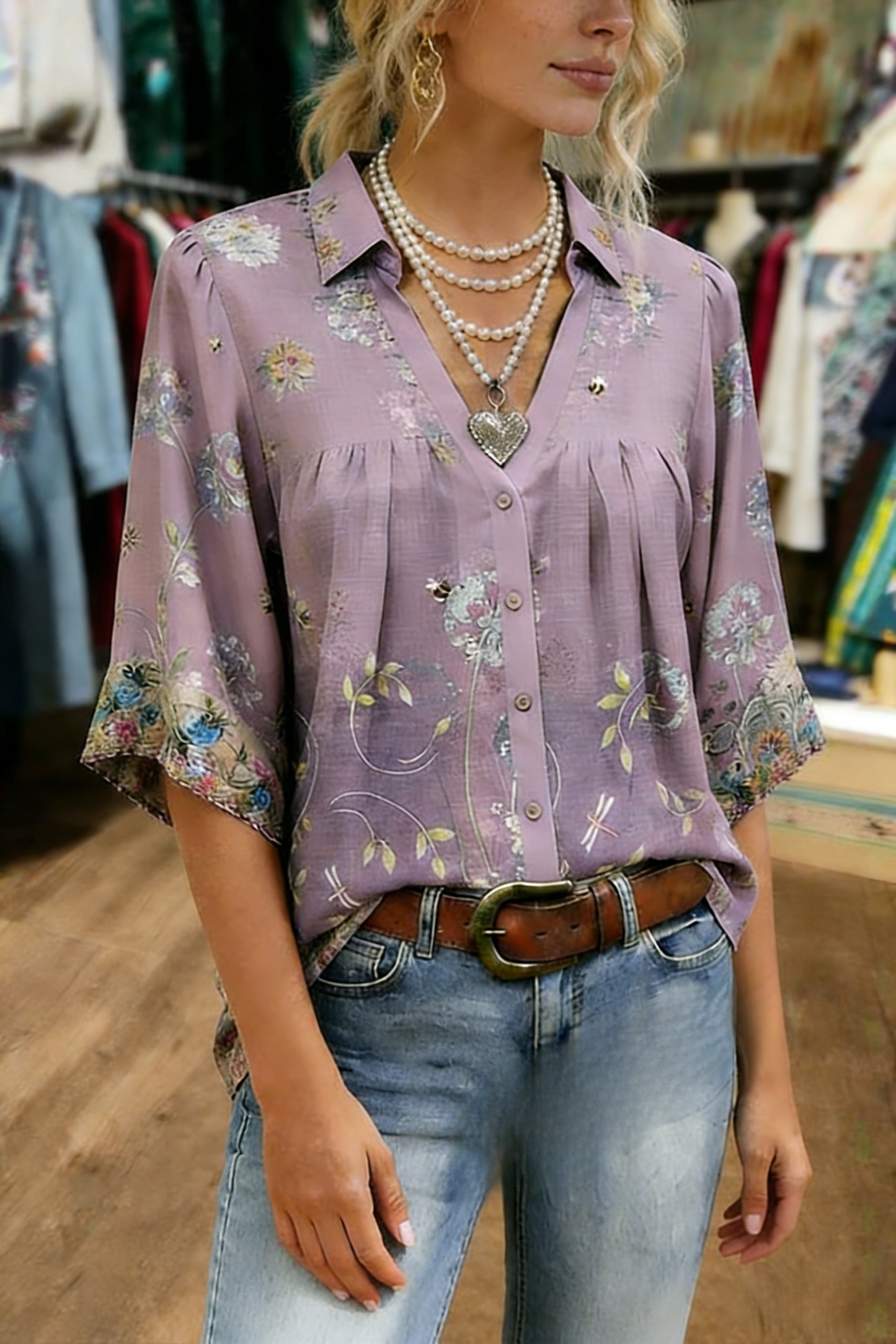Women's floral print long-sleeved shirt