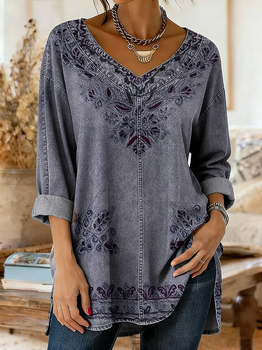 Ethnicity Flowers Purple Totem Women's Art Print Casual Washed Denim Cotton Top