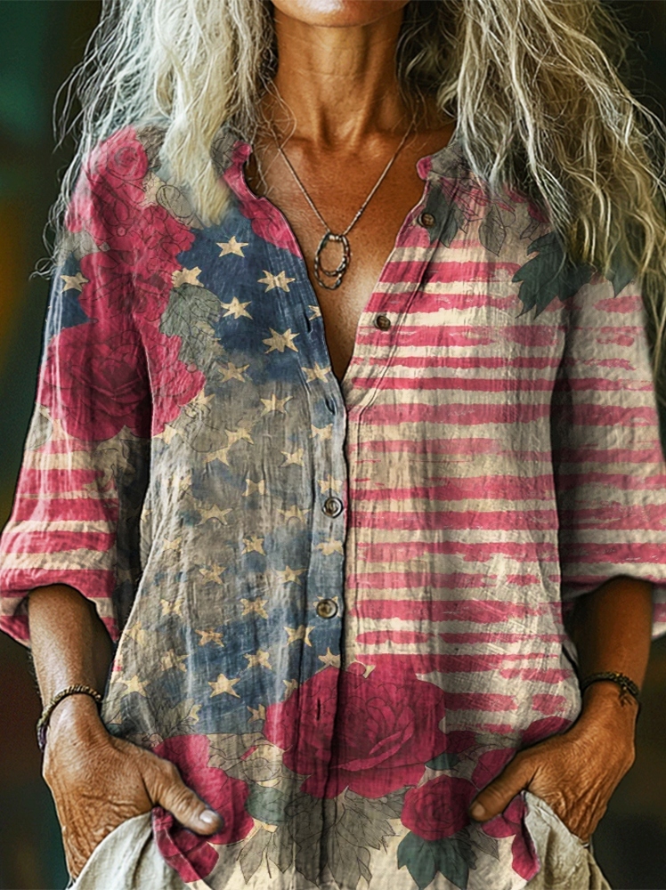 Women's Vintage Flag Floral Art Print Casual Cotton Linen Shirt