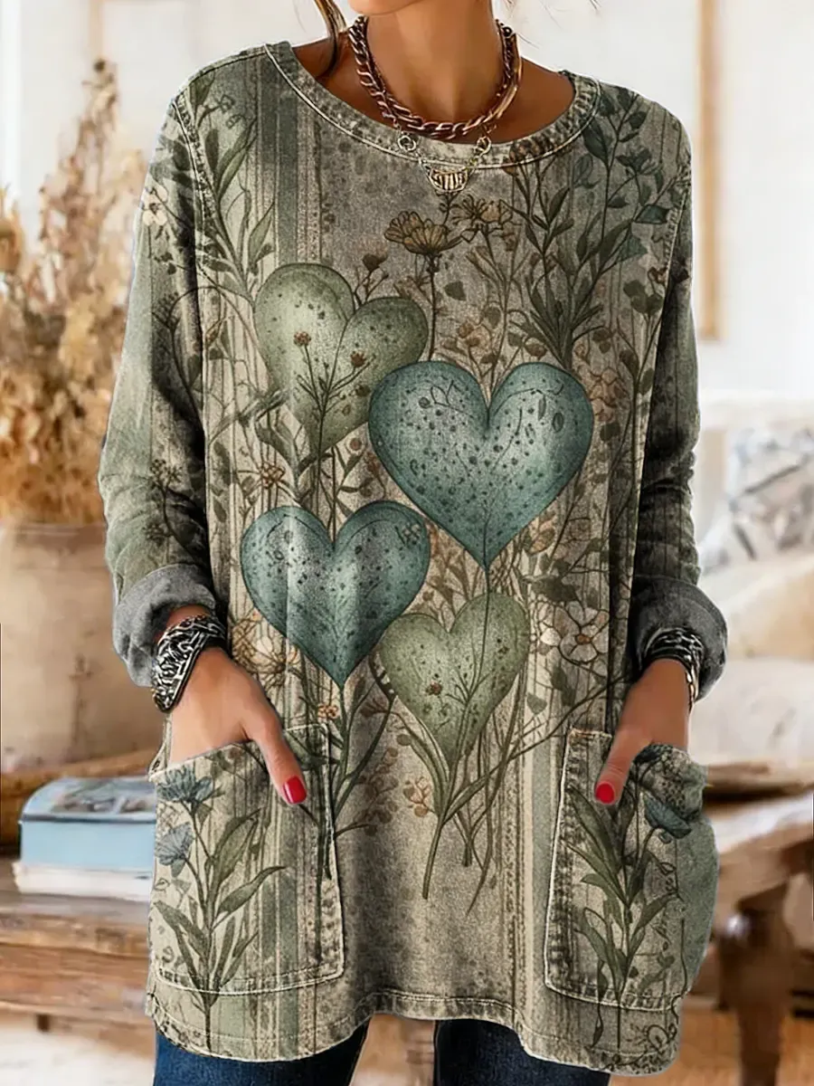Women's Floral Heart Pattern Art Print Casual Long-sleeve Crew Neck Po