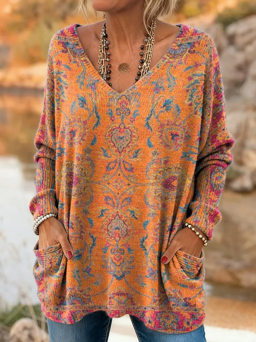 Women's Ethnic Totem Art Print Comfortable V Neck Pocket Knit Sweater