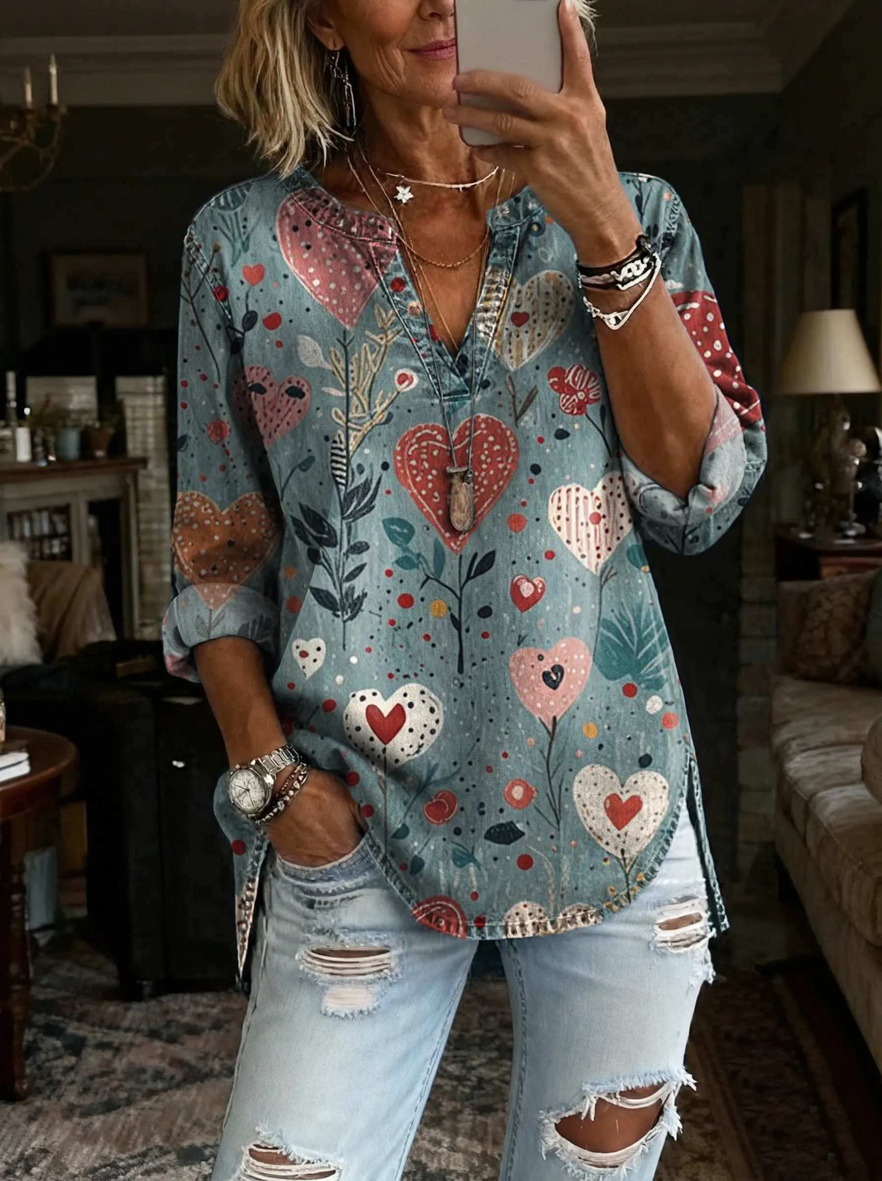 Women's Vintage Heart Art Print Casual V-Neck Washed Cotton Denim Top
