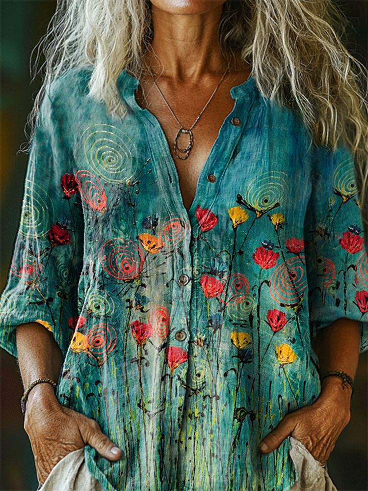 Women's Floral Pattern Art Print Casual Cotton Linen Shirt
