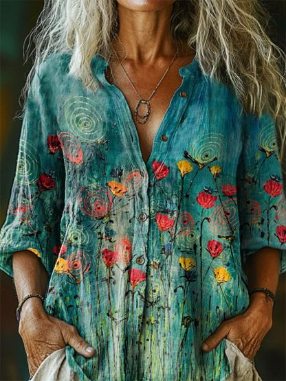 Women's Floral Pattern Art Print Casual Cotton Linen Shirt