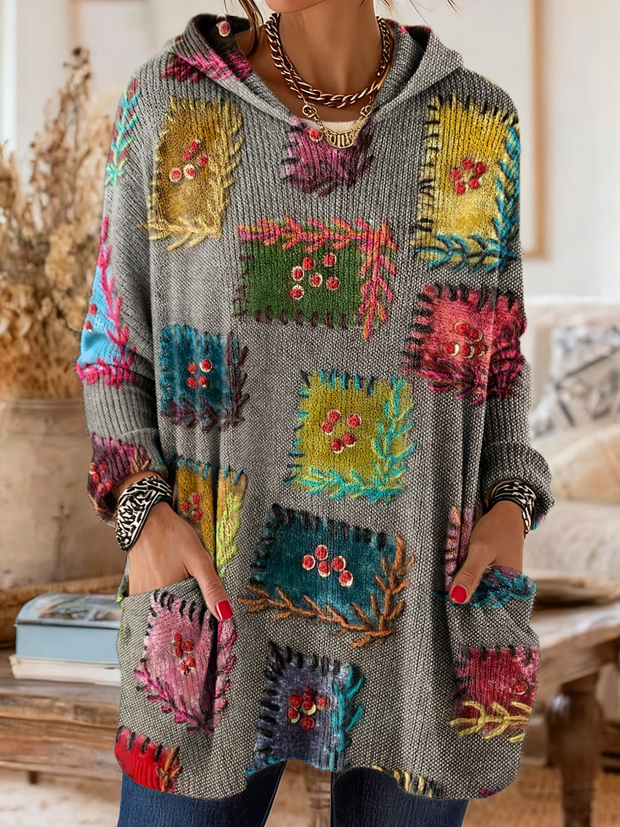 Women's Retro Textured Patchwork Art Print Casual Long-Sleeve T-Shirt