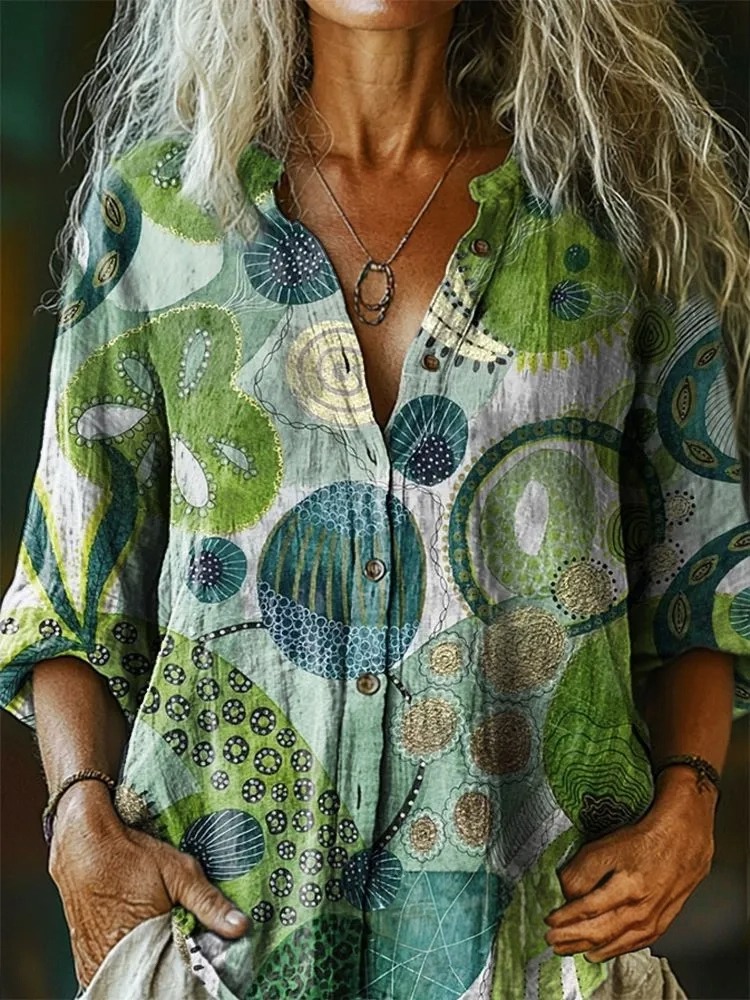 Women's Vintage Irregular Pattern Artistic Print Casual Cotton Linen Shirt