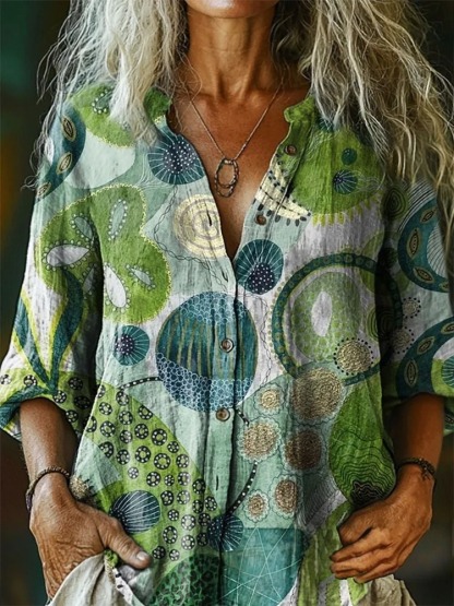 Women's Vintage Irregular Pattern Artistic Print Casual Cotton Linen Shirt