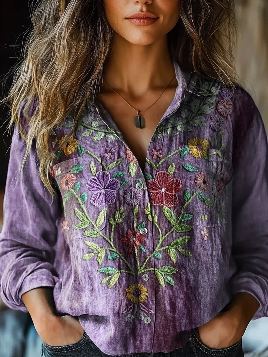 Women's Vintage Ethnic Floral Art Print Casual Cotton Linen Shirt