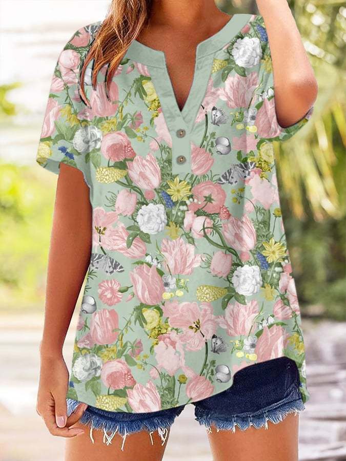 Women's Vintage Botanical Floral Button Design V-Neck Short Sleeve Shi