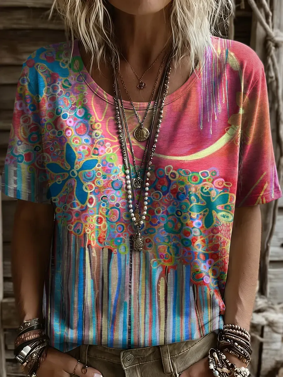 Women's Short-sleeve T-shirt With Round Neck And Artistic Moon And Floral Print