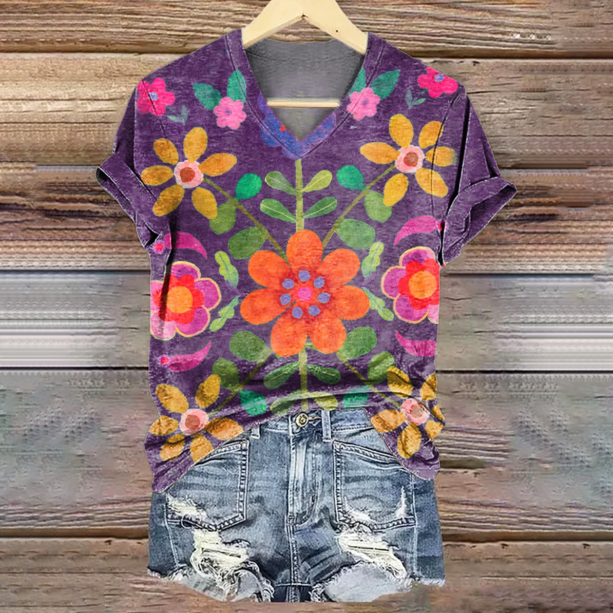 Women's Bohemian Floral Art Print V-neck Casual T-Shirt