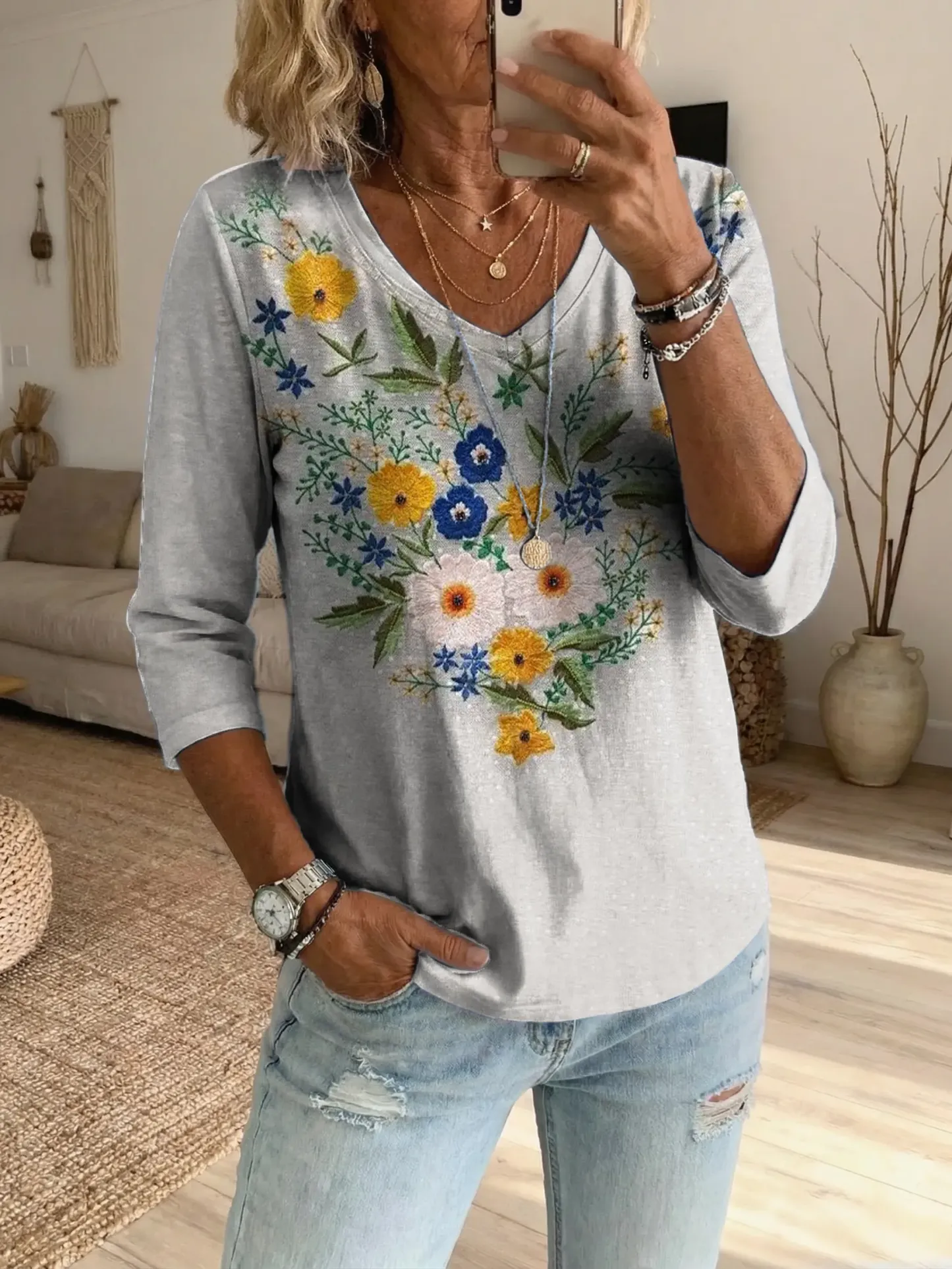 Women's Bohemian Floral Art Print Casual T-Shirt