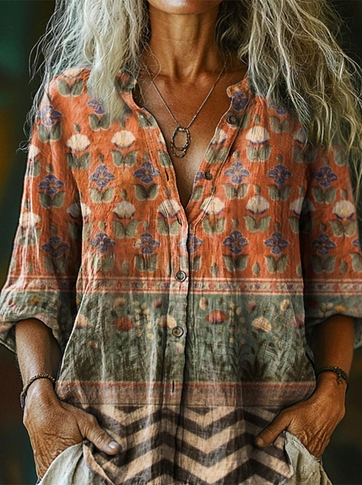 Women's Vintage Floral Collage Art Pattern Print Casual Cotton And Linen Shirt