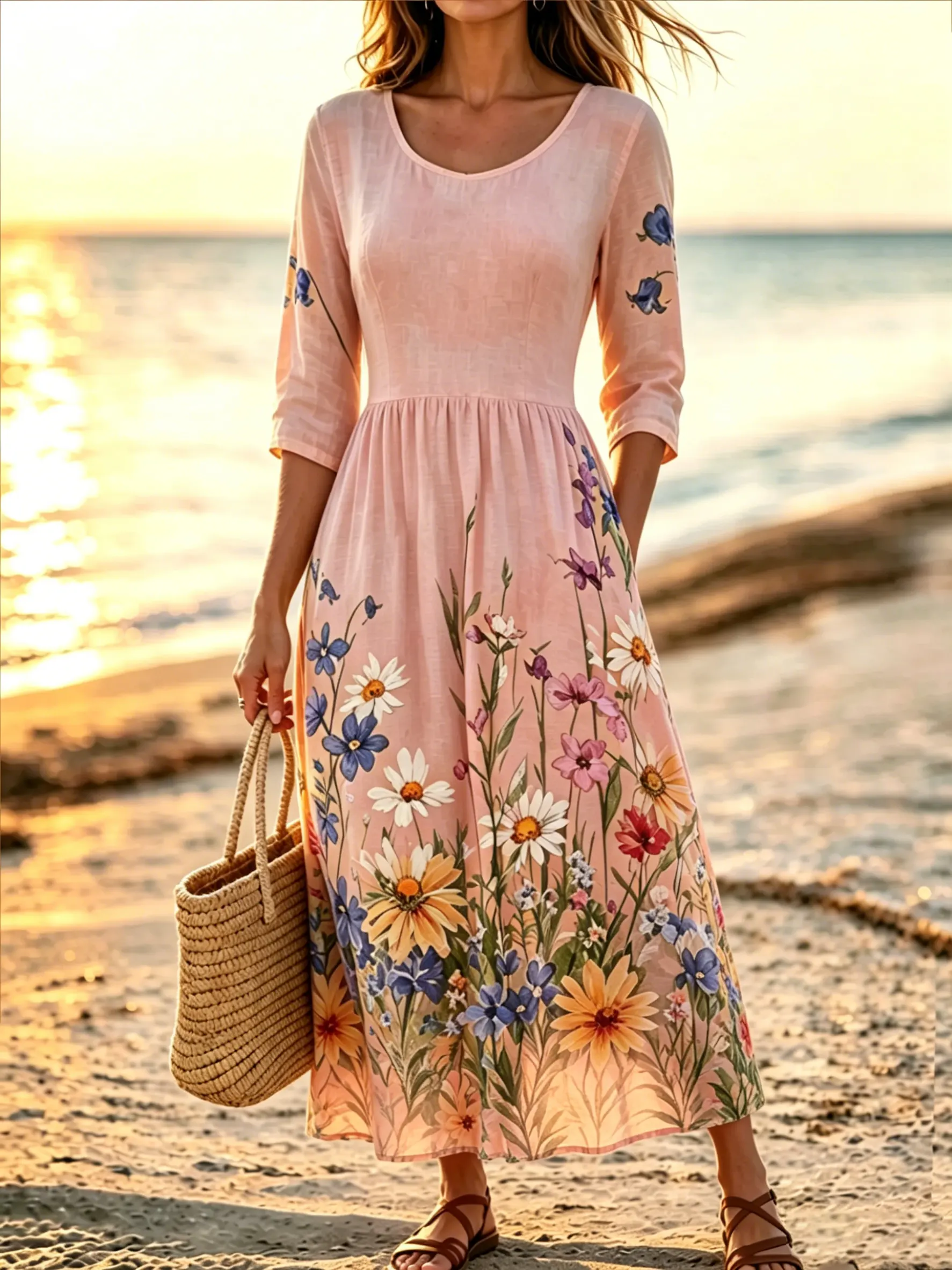 Women's Ditsy Wildflower Print Cotton 3/4 Sleeve Maxi Dress