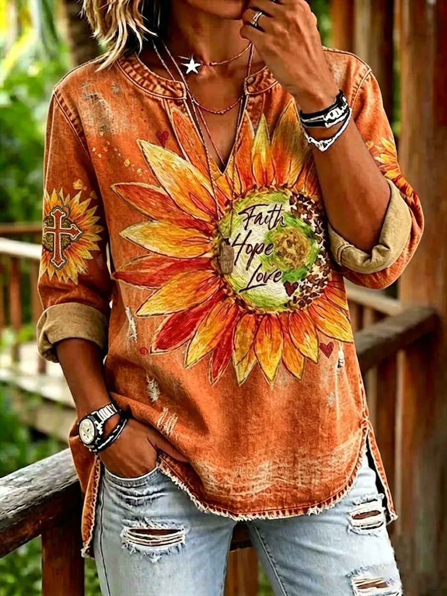 Women'S Casual Floral Faith Print Top