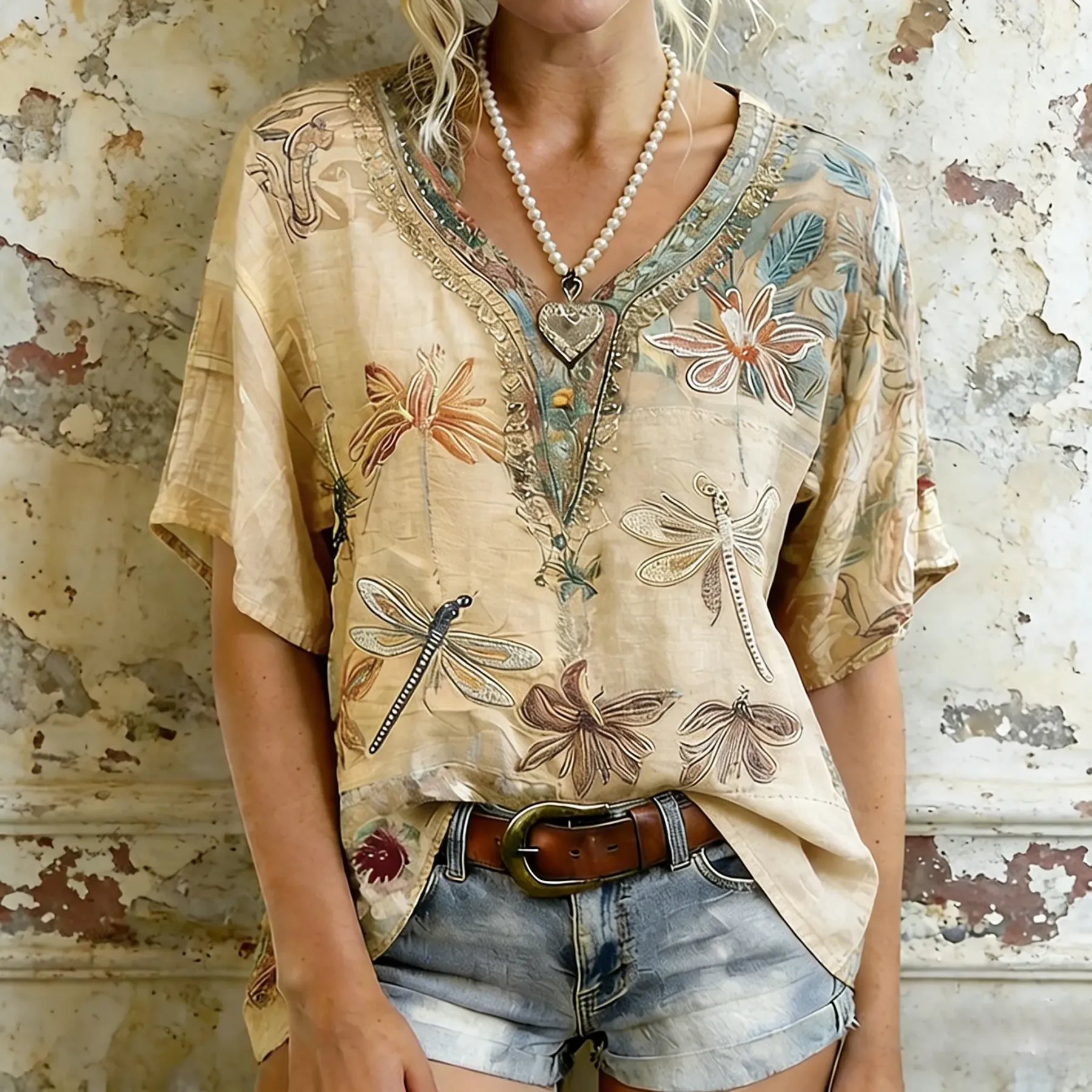 Women's Dragonfly And Floral Art  Flowy Linen Blend Short Sleeve Tops