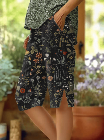 Women's Forest Floral Print Button-Down Loose Fit Shorts (With Pockets)