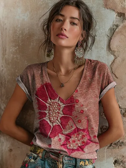 Women's Retro Art Print Casual Short-Sleeve V-Neck Cotton T-Shirt