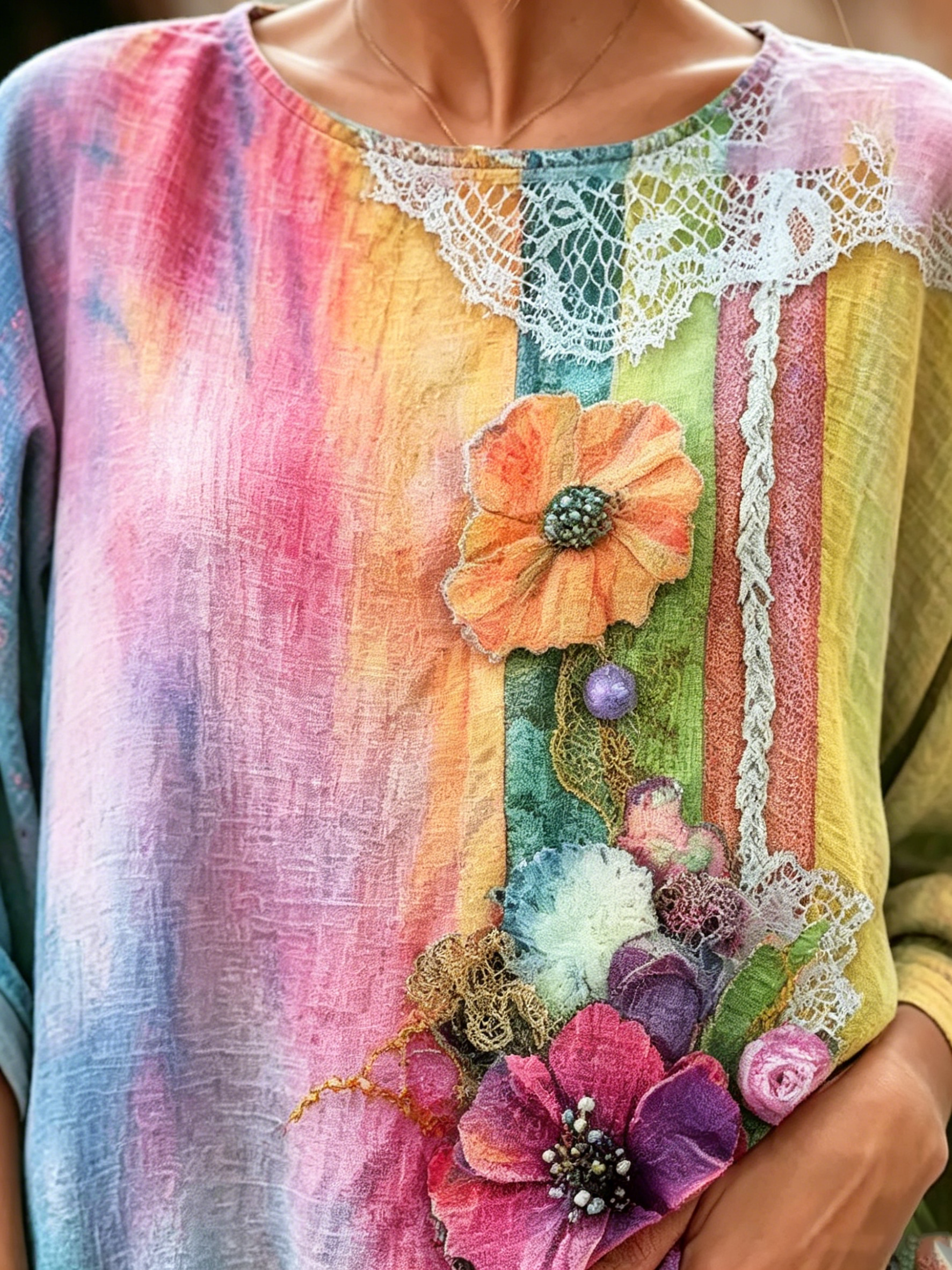 Women's Ombre Floral Print Linen Blend Blouse