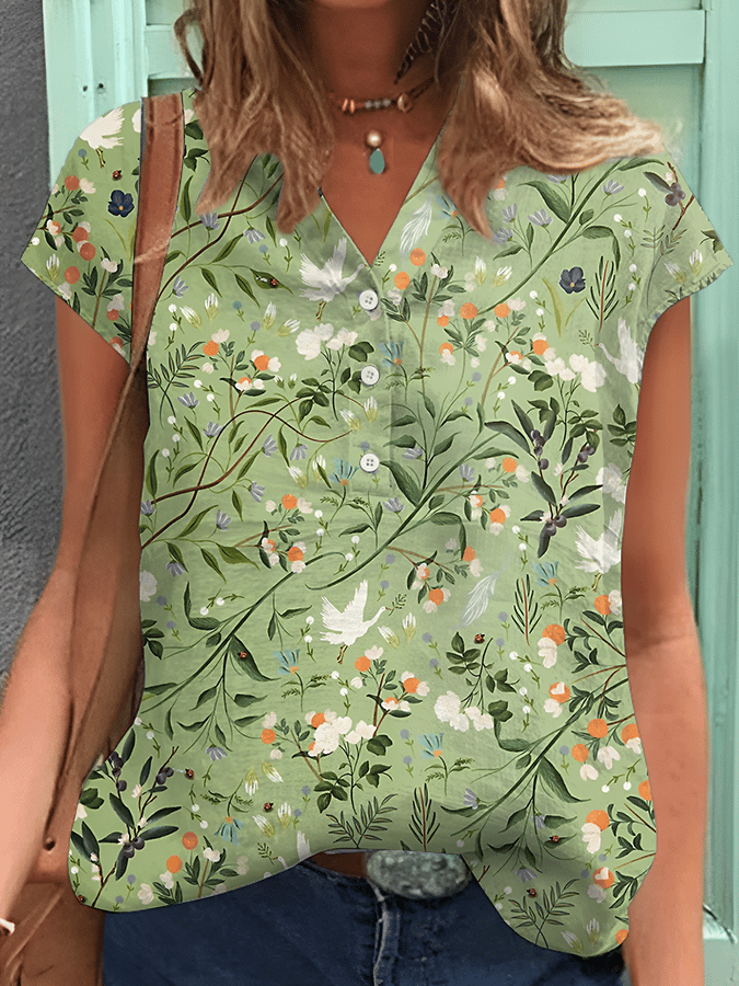 Women's Forest Floral Print Button-Down V-Neck Shirt