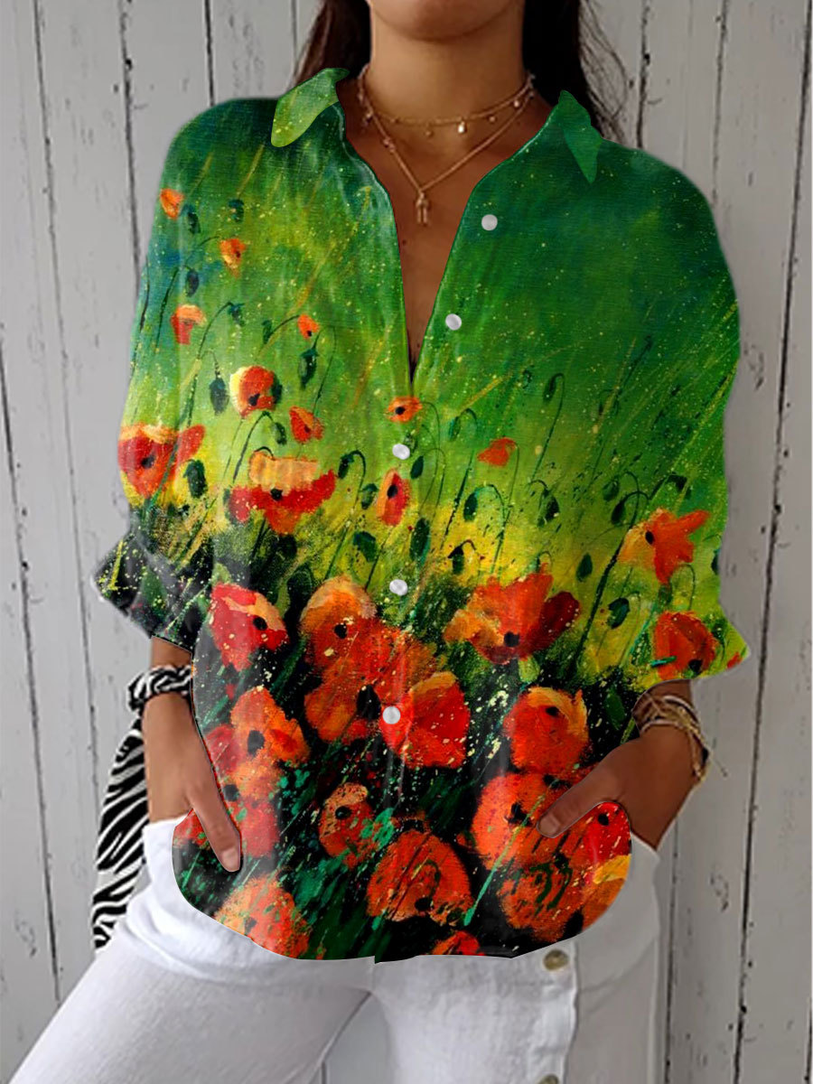 Women's Vintage Gradient Floral Art Print Casual Linen V-neck Shirt