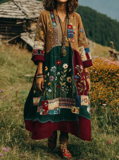 Women's Retro Ethnic Floral Color-Blocked Art Print Casual Long-Sleeve V-Neck Side Pocket Cotton Linen Dress