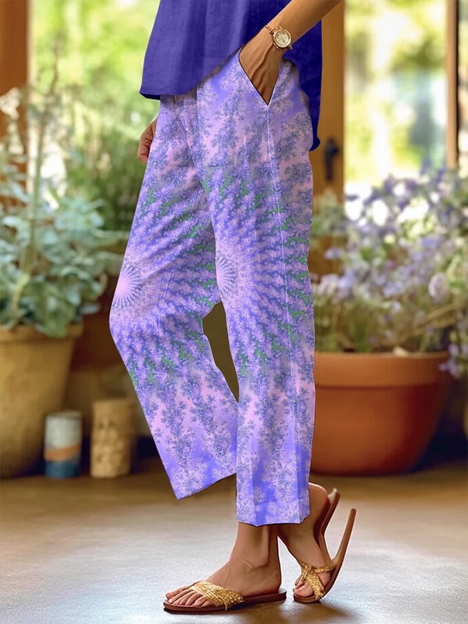 Women's Casual Retro Lotus Art Cotton and Linen Pants(With Pockets)