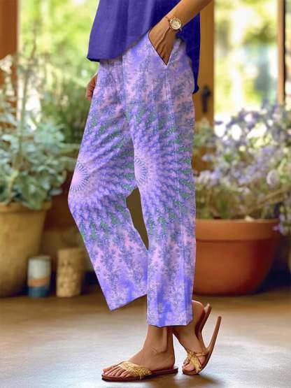 Women's Casual Retro Lotus Art Cotton and Linen Pants(With Pockets)