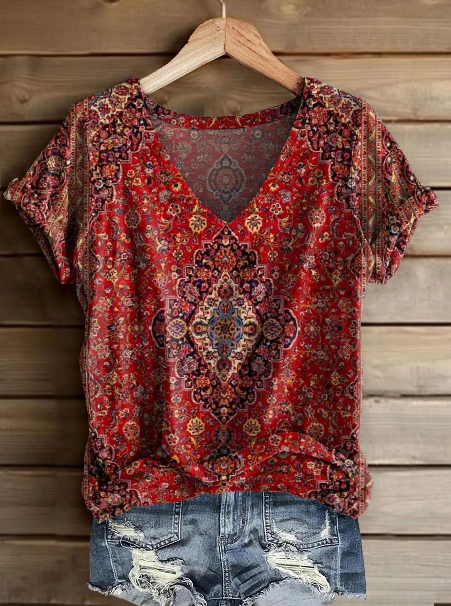 Vintage Ethic Print V-neck Casual T-Shirt