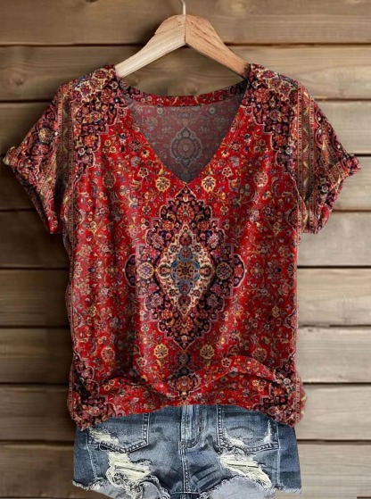 Vintage Ethic Print V-neck Casual T-Shirt