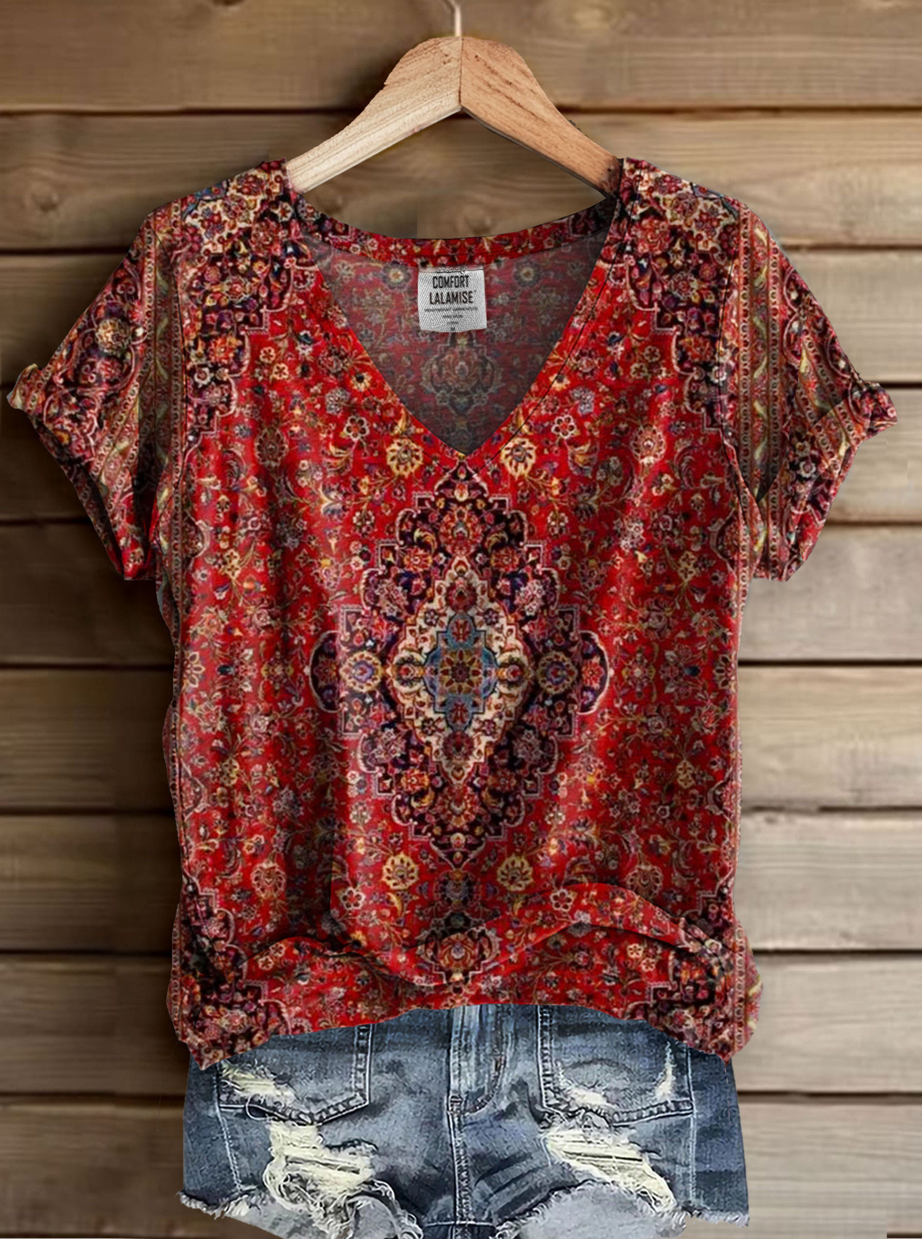 Vintage Ethic Print V-neck Casual T-Shirt