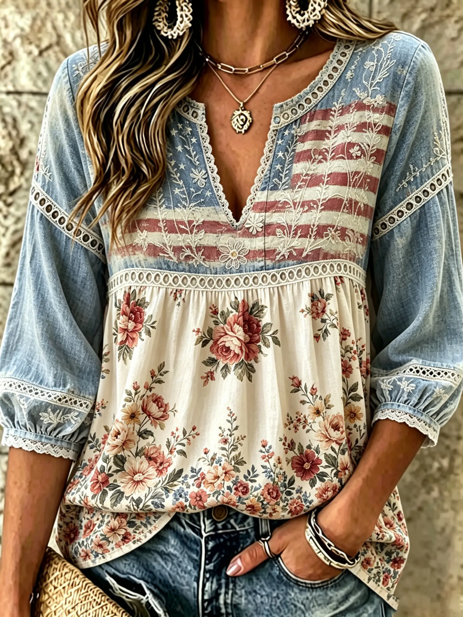 Women's American Flag Floral Print Lace Cotton Blouse