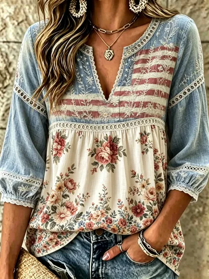 Women's American Flag Floral Print Lace Cotton Blouse
