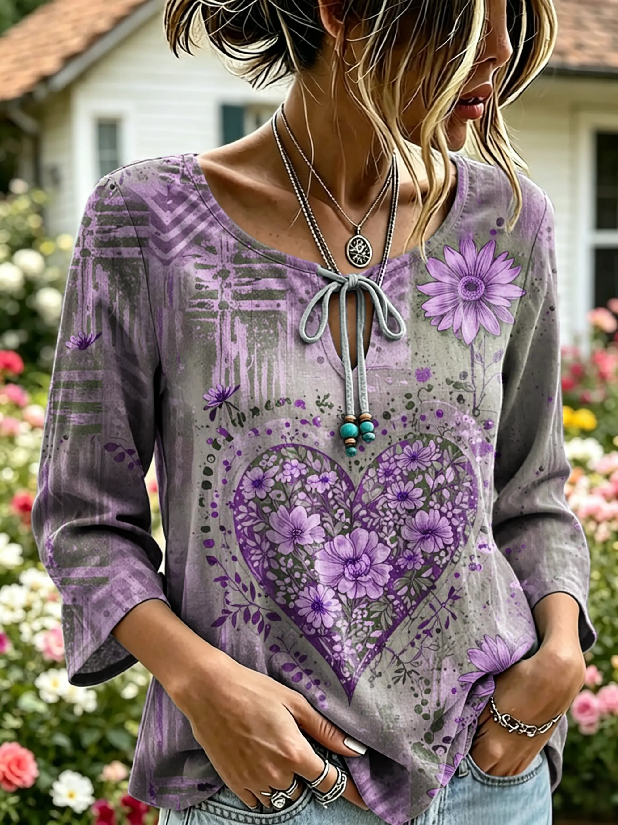 Women's Vintage Heart Floral Print Tie-Neck 3/4 Sleeve Top