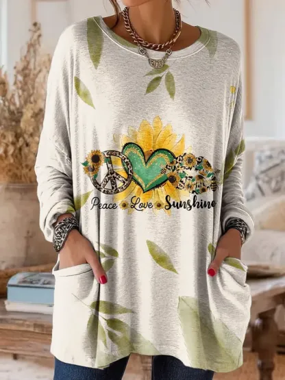 Women's Peace Love Sunshine Art Print Casual Long-sleeve T-shirt