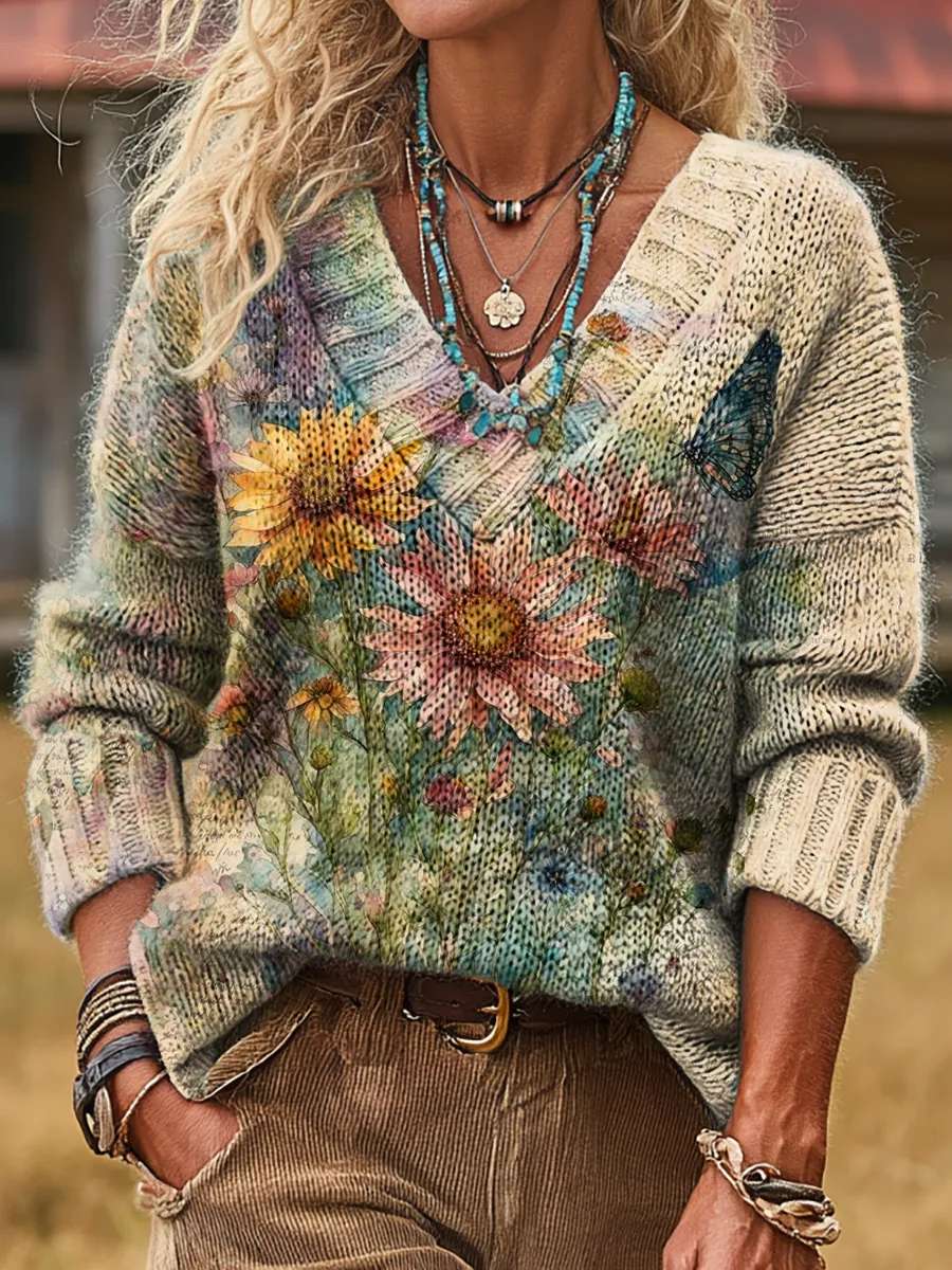 Unisex Vintage Floral Art Print Casual Long-sleeved V-neck Wool Blend 