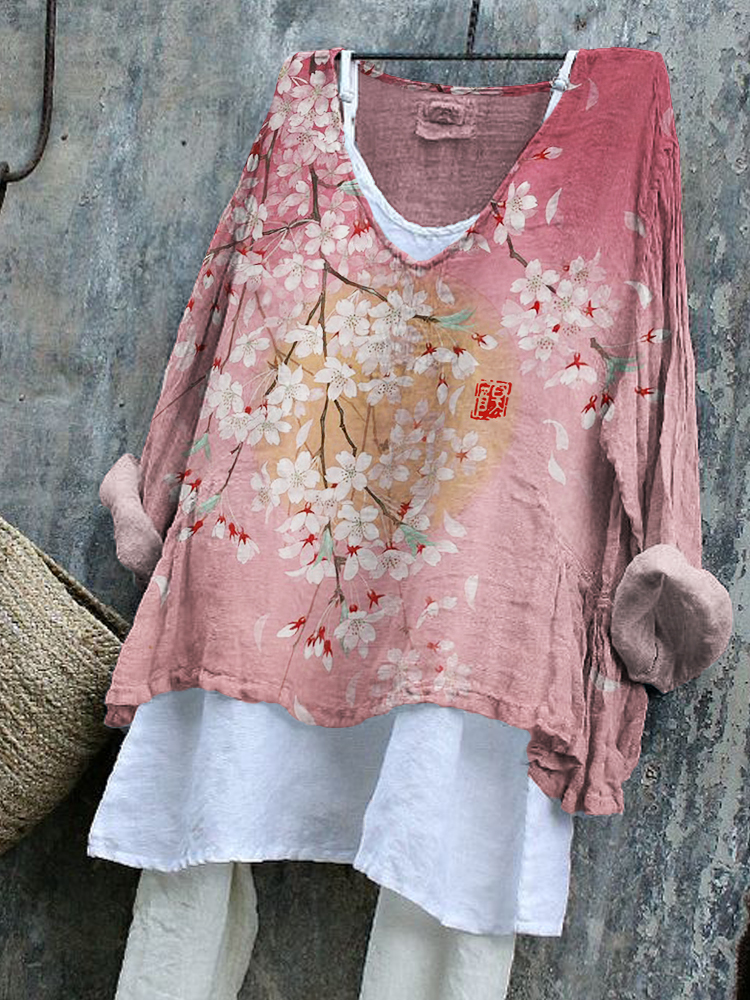 Cherry Blossom Full Moon Art Flowy Tunic