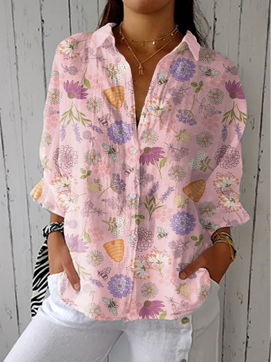 Women's Vintage Bee Floral Art Print Casual Linen V-neck Shirt