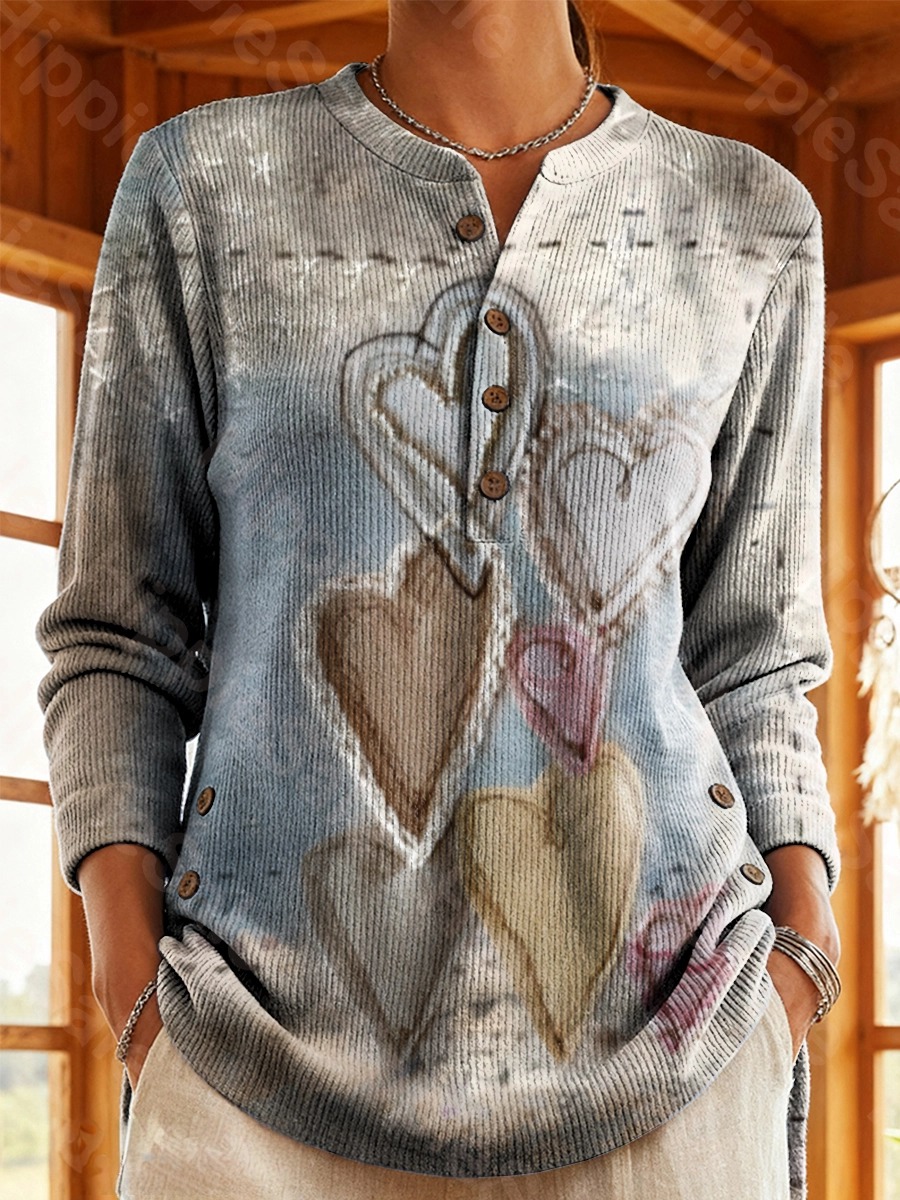 Women's Vintage-Inspired Fresh Patchwork Heart Art Print Casual Cotton Shirt